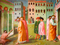 Исцеление калеки и Воскрешение Тавифы. Фрагмент. Фрески капеллы Бранкаччи. Мазаччо