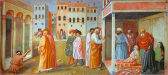 Исцеление калеки и Воскрешение Тавифы. Фрески капеллы Бранкаччи. Мазаччо